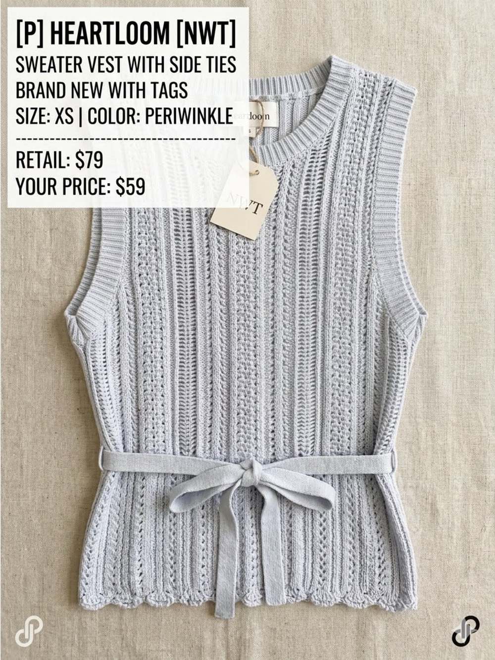 Heartloom Open-Stitch Knit Sweater Vest with Front-Tie Belt - Size XS